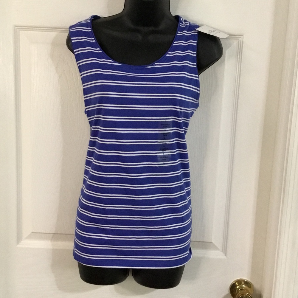 Coral Bay blue & white stripped sleeveless tee, size large, NWT.